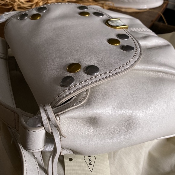 Fossil White Leather GiGi  Studded Flap Closure Adjustable Angora Crossbody Bag - Picture 11 of 16